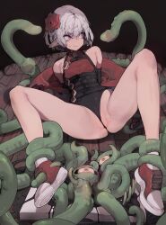 1girl absurdres ass bare_shoulders black_gloves book breasts elbow_gloves flower gloves hair_flower hair_ornament happening18 highres leotard original partially_visible_vulva pointy_ears purple_eyes short_hair sitting small_breasts socks solo spread_legs sweatdrop tentacles white_hair white_socks