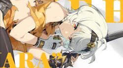 1girl absurdres ahoge anby_demara anby_demara_(silver_soldier) bare_shoulders black_hairband black_shorts black_thighhighs braid character_name fingerless_gloves gloves grey_gloves hairband highres holding holding_sword holding_weapon looking_at_viewer lying mindscape_cinema_(zenless_zone_zero) official_art on_side orange_eyes parted_lips red_eyes short_hair short_shorts shorts solo sword thighhighs torn_clothes twin_braids weapon white_gloves white_hair zenless_zone_zero