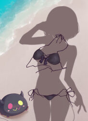 1girl absurdres beach bibi_(tokoyami_towa) bikini black_bikini dressed_shadow_(meme) highres hololive implied_nudity meme ocean shadow short_hair side-tie_bikini_bottom swimsuit tokoyami_towa v virtual_youtuber zellam