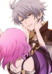 1boy 1girl ahoge blue_eyes coat commentary cyrene_(honkai:_star_rail) grey_hair hand_on_another&#039;s_cheek hand_on_another&#039;s_face highres honkai:_star_rail honkai_(series) looking_at_another phainon_(honkai:_star_rail) pink_hair purple_coat short_hair simple_background upper_body white_background yudemame1027