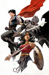 1girl 2boys absurdres armband armor armored_dress bare_shoulders batman batman_(series) belt black_armor black_boots black_bracer black_cape black_hair black_mask black_pants black_shirt black_stripes blue_skirt blue_vest boots bracer breasts cape collared_vest dan_mora dc_comics dress earrings eyelashes facing_away floating_cape floating_hair gloves gold_belt gold_bracer gold_earrings gold_tiara grey_eyes grey_gloves highres holding holding_shield holding_sword holding_weapon jewelry long_hair looking_ahead looking_to_the_side looking_up mask mature_female mature_male multiple_boys pants pauldrons red_armband red_cape red_dress red_lips shield shirt short_hair shoulder_armor signature simple_background skirt striped_clothes striped_dress striped_shirt striped_vest superman superman_(series) sword tiara vertical-striped_clothes vertical-striped_vest vest waistband weapon white_background white_shirt wonder_woman wonder_woman_(series) yellow_stripes