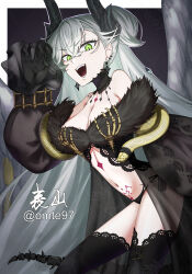 absurdres black_hands bone_tail colored_extremities fate/grand_order fate_(series) gold_snake golden_feathers great_mother_temptation grey_wings hair_around_horn highres lace-trimmed_robe lilith_(fate) lilith_(third_ascension)_(fate) neck_collar omte97 see-through_robe shiny_horns skeletal_bracelet skeletal_hand skeletal_tail snake snake_wrapped_around_arm toe_claws very_long_robe wings