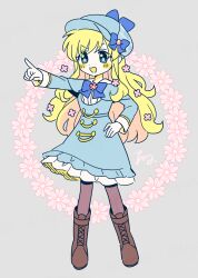 Rule 34 | 1girl, blonde hair, blue eyes, blush stickers, boots, bow, cordelia glauca, deerstalker, dress, flower, flower-shaped pupils, full body, hair flower, hair ornament, hand on own hip, hat, hat bow, highres, lace-up boots, long hair, long sleeves, open mouth, pointing, smile, solo, symbol-shaped pupils, tantei opera milky holmes, tsunoji, v-shaped eyebrows, very long hair