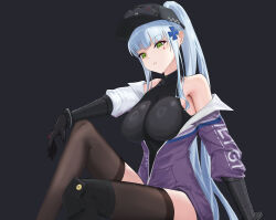 1girl absurdres baseball_cap black_background black_gloves black_hat black_thighhighs blue_hair breasts closed_mouth clothes_writing commentary_request girls&#039;_frontline girls&#039;_frontline_2:_exilium gloves hat highres hk416_(girls&#039;_frontline) jacket klukai_(girls&#039;_frontline_2) knee_pads large_breasts lkovn956271 long_hair looking_at_viewer multicolored_jacket off_shoulder partially_unzipped ponytail purple_jacket sidelocks single_knee_pad sitting solo tattoo teardrop_facial_mark teardrop_tattoo thighhighs two-tone_jacket white_jacket