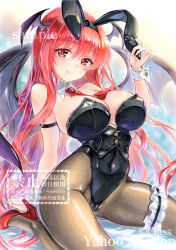 1girl animal_ears at_classics bat_wings black_leotard demon demon_girl demon_wings detached_collar fake_animal_ears fishnet_pantyhose fishnets head_wings highleg highleg_leotard koakuma leotard long_hair looking_at_viewer pantyhose playboy_bunny rabbit_ears rabbit_tail red_eyes red_hair smile solo strapless strapless_leotard tail touhou traditional_media wings wrist_cuffs