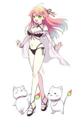 1girl 35p_(sakura_miko) :d ahoge bikini black_bikini black_ribbon bracelet earrings flower_earrings frilled_bikini_top green_eyes hair_ornament hair_ribbon hairclip highres hololive ishida_aya jewelry long_hair open_mouth pink_hair platform_heels ribbon ring sakura_miko scrunchie see-through_clothes side-tie_bikini_bottom smile swimsuit swimsuit_cover-up virtual_youtuber white_background wrist_scrunchie