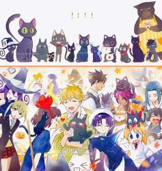 ! !! 5boys 6+girls ^_^ animal animal_on_head animalization artist_name bishoujo_senshi_sailor_moon black_cat black_hair blair_(soul_eater) bleach blonde_hair bowl bunzo_(red_cat_ramen) cardcaptor_sakura cat chopsticks closed_eyes crossover daijin_(suzume) dark-skinned_female dark_skin dekiru_neko_wa_kyou_mo_yuuutsu doko_demo_issho food fukuzawa_saku green_eyes haikyuu!! hat heart highres hiiragizawa_eriol holding holding_bowl holding_chopsticks holding_hands holding_leaf hug inoue_toro iwato_suzume jiji_(majo_no_takkyuubin) kiki_(majo_no_takkyuubin) kuro_(doko_demo_issho) kuroo_tetsurou leaf long_hair luna_(sailor_moon) luna_(sailor_moon)_(human) luo_xiaohei luo_xiaohei_(cat) luo_xiaohei_(human) luo_xiaohei_zhanji majo_no_takkyuubin maka_albarn multiple_boys multiple_girls nichijou noodles on_head open_mouth orange_cat person_and_animalization professor_shinonome purple_hair ramen red_cat_ramen sabu_(red_cat_ramen) sadaijin_(suzume) sakamoto_(nichijou) school_uniform shihouin_yoruichi shihouin_yoruichi_(cat) shima_sousuke short_hair skip_to_loafer smile soul_eater spinel_sun steam suzume_no_tojimari tomoeda_elementary_school_uniform trait_connection tsukino_usagi twitter_username witch_hat wuxian_(the_legend_of_luoxiaohei) yamasuke040 yellow_eyes yukichi_(dekiru_neko_wa_kyou_mo_yuuutsu)