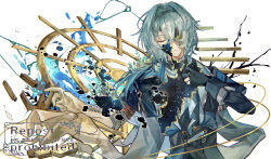 1boy absurdres anaxa_(honkai:_star_rail) aqua_hair black_jacket closed_eyes cracked_skin english_text eyepatch highres honkai:_star_rail honkai_(series) jacket male_focus medium_hair one_eye_covered sakura11587158 side_ponytail solo teeth upper_body watermark white_background
