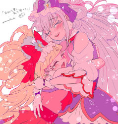 Rule 34 | 2girls, ^ ^, aisaki emiru, ascot, atari (atamawaki waki), bare shoulders, blonde hair, blunt bangs, blush, bow, bowtie, closed eyes, clothing cutout, commentary request, corset, cowboy shot, crying, cure amour, cure macherie, dress, drill hair, earrings, frilled dress, frilled headwear, frills, fur hat, gloves, happy, happy tears, hat, hat bow, heart, height difference, highres, hug, hugtto! precure, jewelry, large earrings, light particles, long hair, magical girl, makeup, mascara, mini hat, multiple girls, open mouth, pink ascot, pom pom (clothes), pom pom earrings, precure, puffy short sleeves, puffy sleeves, purple bow, purple dress, purple hair, red bow, red bowtie, red corset, red dress, ruru amour, short sleeves, shoulder cutout, signature, simple background, smile, teardrop, tears, teeth, translation request, twin drills, twintails, upper teeth only, very long hair, white background, white gloves, white hat, white sleeves