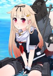 10s 1girl blunt_bangs breasts female_focus fingerless_gloves floating gloves hair_flaps hair_ornament hair_ribbon hairclip kantai_collection long_hair looking_at_viewer mecha_musume ocean orz_(orz57) pink_hair red_eyes ribbon scarf skirt small_breasts solo v_arms water yuudachi_(kancolle) yuudachi_kai_ni_(kancolle)