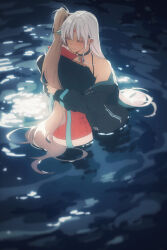 2girls amazuki_jou azur_lane black_choker black_jacket brown_hair choker closed_eyes collarbone facial_mark forehead_mark highres hug jacket jean_bart_(azur_lane) long_hair long_sleeves massachusetts_(azur_lane) multiple_girls off_shoulder partially_submerged ponytail water white_hair yuri