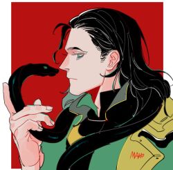 Rule 34 | 1boy, artist name, black hair, black shirt, border, closed mouth, coat, colored inner hair, fingernails, green coat, green eyes, green hair, hand up, karmaho, lapels, loki (marvel), looking at animal, male focus, marvel, marvel cinematic universe, medium hair, multicolored hair, open clothes, open coat, outside border, red background, shirt, simple background, snake, solo, upper body, white border