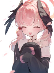 1girl :d bamyamsj black_shirt blue_archive blush body_markings bra_strap closed_eyes facing_viewer flower flower_hairtie halo head_wings highres holding koharu_(blue_archive) long_sleeves low_twintails medium_hair off_shoulder open_mouth pink_hair pink_halo pink_petals red_flower red_rose rose sailor_collar school_uniform shirt sidelocks simple_background smile solo twintails upper_body white_background white_sailor_collar wings