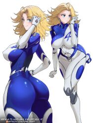 1girl absurdres ass blonde_hair blue_bodysuit blue_eyes bodysuit breasts covered_erect_nipples fantastic_four highres marvel marvel_rivals multicolored_bodysuit multiple_views opalis simple_background smile sue_storm superhero_costume twisted_torso two-tone_bodysuit white_background white_bodysuit