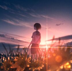 1girl black_hair black_skirt blurry blurry_foreground city cloud commentary commentary_request depth_of_field evening flower holding holding_flower lens_flare mixed-language_commentary non-circular_lens_flare o-bana original outdoors pleated_skirt scenery school_uniform serafuku short_hair short_sleeves skirt sky solo standing sunflower