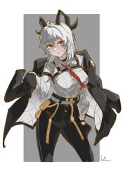 1girl black_gloves black_horns black_jacket black_pants breasts button_gap chest_harness cleavage closed_mouth collared_shirt commentary curled_horns gloves grey_hair harness high-waist_pants highres horns jacket jacket_on_shoulders long_hair looking_at_viewer necktie pants red_eyes red_necktie shirt shirt_tucked_in solo user_pyxe5723_(uuz_samaa) white_shirt wuthering_waves zani_(wuthering_waves)