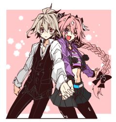 2boys :i antenna_hair aqua_belt astolfo_(fate) astolfo_(memories_at_trifas)_(fate) black_bow black_pants black_pantyhose black_skirt black_vest bow braid crop_top cropped_jacket cropped_legs cropped_shirt dress_shirt fang fate/apocrypha fate_(series) grey_hair hair_between_eyes hair_bow hair_intakes haoro holding_hands hood hooded_jacket jacket linea_alba long_braid long_hair looking_at_another male_focus midriff multicolored_hair multiple_boys official_alternate_costume one_eye_closed open_mouth pants pantyhose pink_hair pleated_skirt pom_pom_(clothes) purple_eyes purple_jacket red_eyes shirt sieg_(fate) signature single_braid skin_fang skirt smile streaked_hair striped_clothes striped_shirt trap two-tone_hair v-neck vest white_hair white_shirt