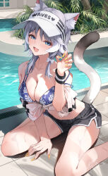 1girl :d alternate_costume animal_ear_fluff animal_ears bare_shoulders bikini black_shorts blue_bikini blue_eyes blush breasts cat_ears cat_girl cat_tail cipher_(honkai:_star_rail) cleavage collarbone commentary_request grey_hair hand_up highres honkai:_star_rail honkai_(series) large_breasts medium_hair motto_(night_wear) open_mouth pool short_shorts shorts sitting sketch smile solo swimsuit tail thighs visor_cap wariza water white_visor yellow_nails