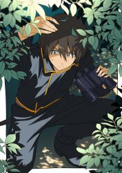 1boy binoculars black_boots black_hair black_jacket black_pants boots closed_mouth commentary commentary_request dappled_sunlight gintama hair_between_eyes highres holding jacket katana leaf long_sleeves male_focus military on_one_knee outdoors pants sheath sheathed shinsengumi_(gintama) short_hair solo sunlight sweatdrop sword user_xcmk4578 weapon yamazaki_sagaru