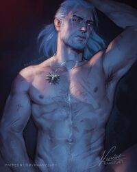 Rule 34 | 1boy, artist name, geralt of rivia, highres, looking at viewer, male focus, muscular, muscular male, naariel art, navel, patreon username, signature, solo, the witcher (series), the witcher 3, topless male, upper body, watermark, web address, white hair, witcher medallion, yellow eyes