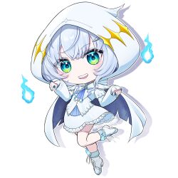 1girl :d absurdres ascot blue_ascot blue_eyes blue_fire blush boots briareos cape chibi chibi_only commentary_request dress fire frilled_dress frills full_body highres hitodama hood hood_up hooded_cape kasukane_shino large_variant_set looking_at_viewer nanashi_inc. open_mouth shadow short_hair smile solo standing standing_on_one_leg transparent_background variant_set virtual_youtuber white_boots white_cape white_dress white_hair