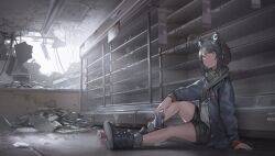 1girl animal_ear_hairband animal_ears arm_on_knee arm_support bare_legs black_boots black_hair black_shorts boots broken_wall cable can cat_ear_hairband cat_ears fake_animal_ears from_side full_body hairband highres holding holding_can indoors jacket knee_up miharu_(tokoshie_bullet) mogumo open_clothes open_jacket red_eyes scarf shelf shirt short_hair shorts sidelocks sitting socks tokoshie_bullet white_shirt