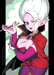 1girl 333_(dqqqdle) breasts cape cleavage collared_cape colored_skin commentary demon_girl dr._arinsu dragon_ball dragon_ball_daima elbow_gloves english_commentary floating_hair gloves jewelry large_breasts long_hair makeup open_mouth pink_skin pointy_ears purple_eyes red_cape smile solo white_hair