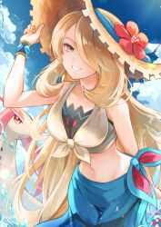 1girl akr_(tvfz2233) blonde_hair blue_sarong breasts brown_hat crop_top cynthia_(pokemon) cynthia_(summer_2025)_(pokemon) gen_3_pokemon grey_eyes hair_over_one_eye hat long_hair looking_at_viewer milotic navel nintendo official_alternate_costume pokemon pokemon_(creature) pokemon_masters_ex sarong smile sun_hat very_long_hair water