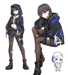 1girl absurdres bang_dream! bang_dream!_it&#039;s_mygo!!!!! black_choker black_jacket black_shoes black_shorts chinese_commentary choker commentary_request crop_top earclip earrings highres hood hood_up hooded_jacket jacket jewelry long_hair long_sleeves midriff mole mole_under_eye multiple_views navel open_clothes open_jacket pantyhose pantyhose_under_shorts purple_eyes shiina_taki shoes shorts simple_background streetwear thigh_strap torn_clothes torn_pantyhose unique_(pixiv12704744) white_background