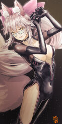 1girl absurdres animal_ear_fluff animal_ears black_bodysuit black_choker bodysuit bow breasts choker covered_navel dark_background dated fang fate/grand_order fate_(series) fox_ears fox_girl fox_tail glasses grey-framed_eyewear hair_between_eyes hands_up highres hip_vent koyanskaya_(assassin)_(first_ascension)_(fate) koyanskaya_(fate) large_breasts long_hair looking_at_viewer open_bodysuit open_clothes parted_lips partially_unzipped pink_bow pink_hair skin_tight smile solo tail tamamo_(fate) tsukaasa very_long_hair yellow_eyes zipper