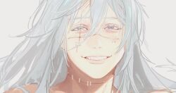 1boy blue_eyes blue_hair grin happy heterochromia jujutsu_kaisen long_hair mahito_(jujutsu_kaisen) male_focus messy_hair nonockha simple_background smile solo stitched_arm stitched_face stitched_neck stitches teeth white_background yellow_eyes