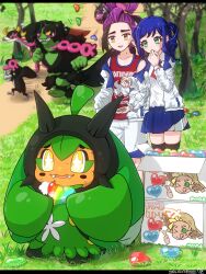 1other 2girls 4boys berry_(pokemon) bird black_eyes box bright_pupils colored_sclera eating fezandipiti food full_body gen_9_pokemon grass highres holding holding_food juliana_(pokemon) kieran_(pokemon) kneeling legendary_pokemon looking_at_another m12ki metikyun mohn_(pokemon) multiple_boys multiple_girls munkidori nintendo okidogi open_mouth original pecharunt pokemon pokemon_(creature) pokemon_sm pokemon_sv running sharp_teeth sitting skirt smile standing sweat teeth translation_request tree white_pupils yellow_sclera