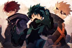 3boys bakugou_katsuki blonde_hair blue_eyes boku_no_hero_academia brown_eyes burn_scar commentary covered_mouth english_commentary freckles gloves green_eyes green_hair grin heterochromia high_collar highres jacket long_sleeves looking_ahead looking_at_viewer male_focus midoriya_izuku multicolored_gloves multiple_boys outstretched_arm red_eyes red_hair ryo_(piggerworld) scar scar_on_face short_hair sideways_mouth smile spiked_hair superhero_costume teeth todoroki_shoto upper_body white_hair