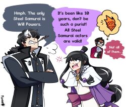 1girl 3boys ace_attorney anger_vein ascot black_hair black_necktie blunt_bangs collared_shirt commentary english_commentary english_text facial_hair feather_in_mouth fluorart formal_clothes goatee grey_hair hair_ornament half_updo jacket japanese_clothes jewelry kimono larry_butz long_hair long_sleeves magatama magatama_necklace maya_fey miles_edgeworth multicolored_hair multiple_boys necklace necktie phoenix_wright:_ace_attorney_-_spirit_of_justice shirt short_hair sidelocks simon_blackquill speech_bubble spiked_hair suit thought_bubble two-tone_hair white_hair