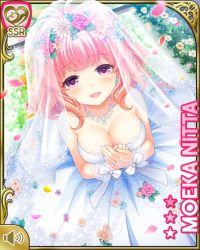 1girl bow breasts card character_name cleavage cuffs dress earrings female_focus flower from_above head_wreath indoors jewelry large_breasts nitta_moeka official_art open_mouth pink_hair purple_eyes qp:flapper rose short_hair smile solo standing tagme veil wedding_dress white_bow window