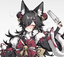 1girl animal_ear_fluff animal_ears black_dress bottle closed_eyes commission dress drunk grin hair_over_one_eye highres holding holding_bottle lite_luyu long_hair one_eye_covered original simple_background smile solo teeth white_background wide_sleeves