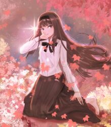 1girl autumn_leaves barefoot black_bow black_hairband bow breasts brown_eyes brown_hair hairband hand_on_own_face kneeling leaf long_hair long_sleeves looking_at_viewer moonbi shirt skirt small_breasts solo tohno_akiha tsukihime tsukihime_(remake) white_shirt
