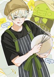 Rule 34 | 1boy, :q, ^ ^, apron, beamed eighth notes, black shirt, blonde hair, blue eyes, blue hair, blush, bowl, brown hat, closed eyes, closed mouth, eighth note, green sash, grey apron, hair between eyes, hat, hibachi mana, highres, holding, holding bowl, holding whisk, jing (0r1 4), kuchipatchi, male focus, mixing bowl, multicolored eyes, multicolored hair, musical note, nijisanji, sash, shirt, short hair, short sleeves, smile, speech bubble, streaked hair, striped apron, striped clothes, t-shirt, tamagotchi, tongue, tongue out, vertical-striped apron, vertical-striped clothes, virtual youtuber, whisk, yellow eyes