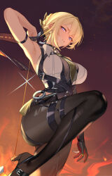 1girl absurdres arm_up armpits asymmetrical_gloves black_choker black_gloves black_pants blonde_hair breasts choker collared_shirt commentary earrings elbow_gloves evelyn_chevalier foot_out_of_frame gloves high-waist_pants highres jewelry large_breasts latex_pants leg_up looking_at_viewer mole mole_under_eye necktie no_jacket pants parted_lips purple_eyes ring_hair_ornament shirt short_hair sidelocks single_elbow_glove smile solo thighs uneven_gloves white_shirt yellow_necktie yueyueyue_yao zenless_zone_zero