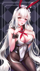 1girl absurdres anchor_symbol animal_ear_hairband animal_ears azur_lane black_leotard black_sailor_collar blush breasts cleavage commentary_request covered_navel fake_animal_ears frilled_hairband frills hairband hand_on_own_chest highres kirisamede_gzr large_breasts leotard long_hair multicolored_leotard neckerchief pantyhose playboy_bunny rabbit_ear_hairband rabbit_ears red_eyes red_neckerchief sailor_collar scylla_(azur_lane) sitting solo tongue two-tone_leotard white_hair white_leotard