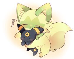 Rule 34 | :3, blush, closed eyes, closed mouth, commentary request, gen 2 pokemon, highres, holding, holding pokemon, nintendo, no humans, open mouth, pokemon, pokemon (creature), smile, sprigatito, triangle mouth, umbreon, yupo 0322, zzz