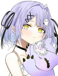 Rule 34 | 1girl, black choker, choker, dow suitable, ghost hair ornament, hair ornament, hair ribbon, hairpin, highres, holding, holding stuffed toy, looking at viewer, parted bangs, portrait, purple hair, ribbon, shinomiya runa, shinomiya runa (1st costume), simple background, solo, stuffed toy, two side up, virtual youtuber, vspo!, white background, white chemise, x hair ornament, yellow eyes