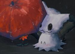^_^ alternate_color animal_focus closed_eyes colored_skin flower gen_7_pokemon gyura highres mimikyu nintendo no_humans pokemon pokemon_(creature) rain red_flower shiny_pokemon tail umbrella wavy_mouth white_skin