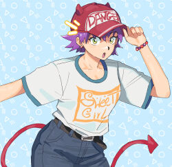1girl :o adjusting_clothes adjusting_headwear arms_up baggy_clothes baseball_cap bead_bracelet beads belt belt_buckle black_belt blue_background blue_pants blue_trim bracelet breasts buckle clothes_writing collarbone commentary constricted_pupils curled_tail demon_girl demon_horns demon_tail denim earrings english_commentary english_text eyebrows_hidden_by_hair flipped_hair green_eyes hair_between_eyes hand_on_headwear hand_on_own_head hat highres horns horns_through_headwear jeans jewelry leaning_forward long_eyelashes looking_at_viewer looking_to_the_side matheus_felipe medium_breasts notice_lines original outstretched_arm pants print_hat print_shirt purple_hair raised_eyebrows red_hat red_horns red_tail shirt shirt_tucked_in short_hair short_sleeves solo spiked_hair surprised t-shirt tail tail_raised thick_eyelashes upper_body white_shirt wide-eyed wide_sleeves