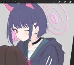 1girl animal_ears art_program_in_frame art_program_request black_choker black_jacket black_pantyhose blue_archive blush cat_choker cat_ears choker collarbone colored_inner_hair commentary green_sailor_collar grey_background hair_ornament hairpin halo highres hood hood_down hooded_jacket jacket kazusa_(blue_archive) knees_up kurumi_kororin looking_at_viewer medium_hair multicolored_hair neckerchief one_eye_closed pantyhose pink_hair pink_halo pink_neckerchief pout purple_hair red_eyes sailor_collar screencap sidelocks sitting solo symbol-only_commentary