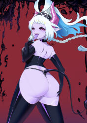 1girl ass bare_shoulders black_corset black_sclera blue_hair braid colored_sclera colored_skin corruption corset dark_persona demon_tail elbow_gloves fangs genshin_impact gloves hairband highres latex long_hair long_tongue looking_at_viewer median_furrow mualani_(genshin_impact) multicolored_hair open_mouth pointy_ears purple_skin shoulder_blades slit_pupils smile tail thighhighs thong tongue twin_braids white_hair yami-mochi