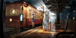 Rule 34 | 2girls, absurdres, animal ears, ata-zhubo, bench, blue jacket, blue skirt, boots, bow, bowtie, dress shirt, ears through headwear, facial hair, full moon, hat, helmet, highres, holding luggage, jacket, lamppost, light particles, moon, multiple girls, mustache, necktie, newspaper, original, power lines, rabbit ears, railing, scenery, shirt, skirt, sky, space, space helmet, spacesuit, standing, star (sky), starry sky, suitcase, tactile paving, train, train attendant, train station, train station platform, travel attendant, uniform, wooden bench