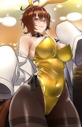 1girl absurdres agnes_tachyon_(umamusume) ahoge alternate_breast_size animal_ears armpits blush breasts brown_hair brown_pantyhose coat covered_navel cowboy_shot detached_collar ear_covers empty_eyes fake_animal_ears grin hair_between_eyes hand_up highleg highleg_leotard highres horse_tail huge_ahoge jitome_no_tsugumi lab_coat large_breasts leotard long_sleeves looking_at_viewer necktie nontraditional_playboy_bunny nose_blush open_clothes open_coat pantyhose rabbit_ears red_eyes short_hair short_necktie skindentation sleeves_past_fingers sleeves_past_wrists smile solo strapless strapless_leotard tail umamusume white_coat wide_hips wide_sleeves yellow_leotard