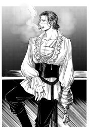 1boy against_railing bandaged_chest bandaid bandaid_on_chest bandaid_on_face belt boots cigar collarbone corset crocodile_(one_piece) feet_out_of_frame frilled_shirt frills greyscale hair_slicked_back highres hook hook_hand itokon300 jewelry leg_up long_sleeves looking_to_the_side male_focus monochrome multiple_rings one_piece open_clothes open_shirt pants pectoral_cleavage pectorals profile railing ring scar scar_on_face scar_on_nose shirt short_hair smoke smoking solo standing stitched_face stitches teeth