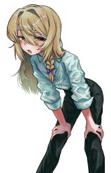 1boy black_pants blonde_hair blush bow collared_shirt commentary cookie_(touhou) cowboy_shot genderswap genderswap_(ftm) hair_bow hair_intakes hands_on_own_knees highres kirisame_marisa leaning_forward long_hair long_sleeves looking_at_viewer male_focus open_mouth pants purple_bow qrteg87yhl16571 rei_(cookie) shirt simple_background smile smug solo symbol-only_commentary touhou trap white_background white_shirt